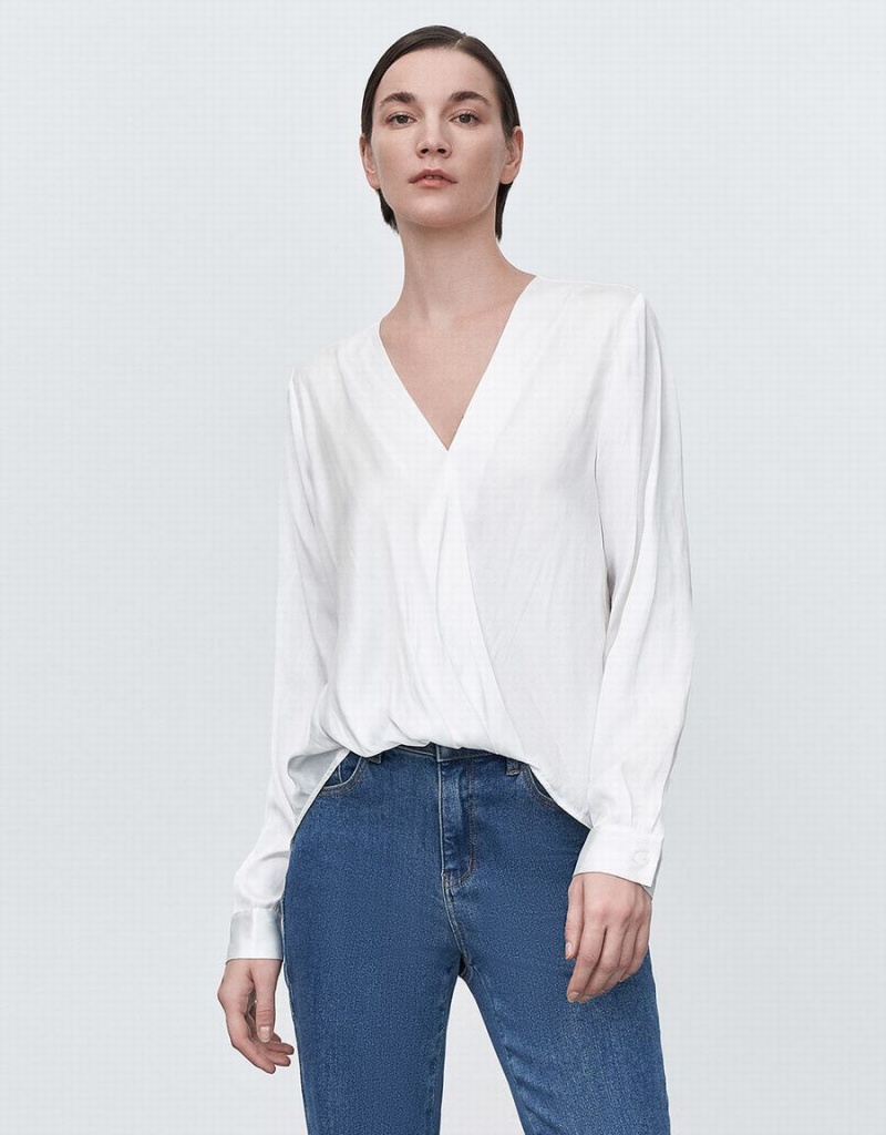 Women's Urban Revivo Silk Effect Wrap Blouse White | MPK2629XF