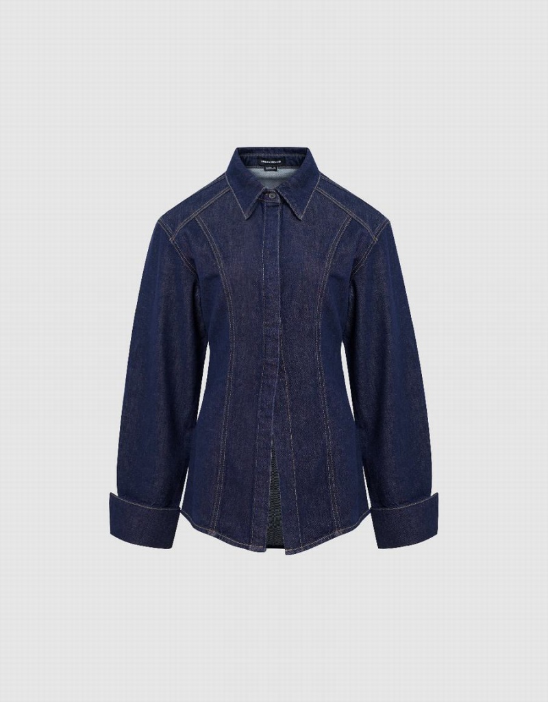 Women's Urban Revivo Skater Denim Shirts Blue | UBF7239XI