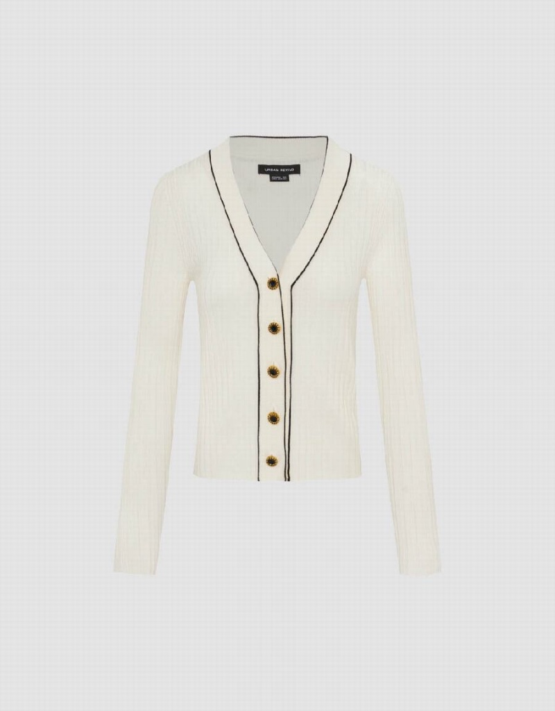 Women's Urban Revivo Skinny V-Neck Knitted Cardigan White | KAD431FI