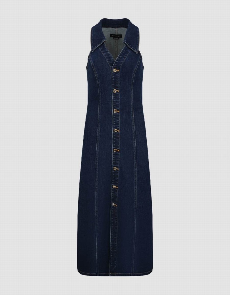 Women's Urban Revivo Sleeveless Lapel Denim Dress Blue | IIL9619AD