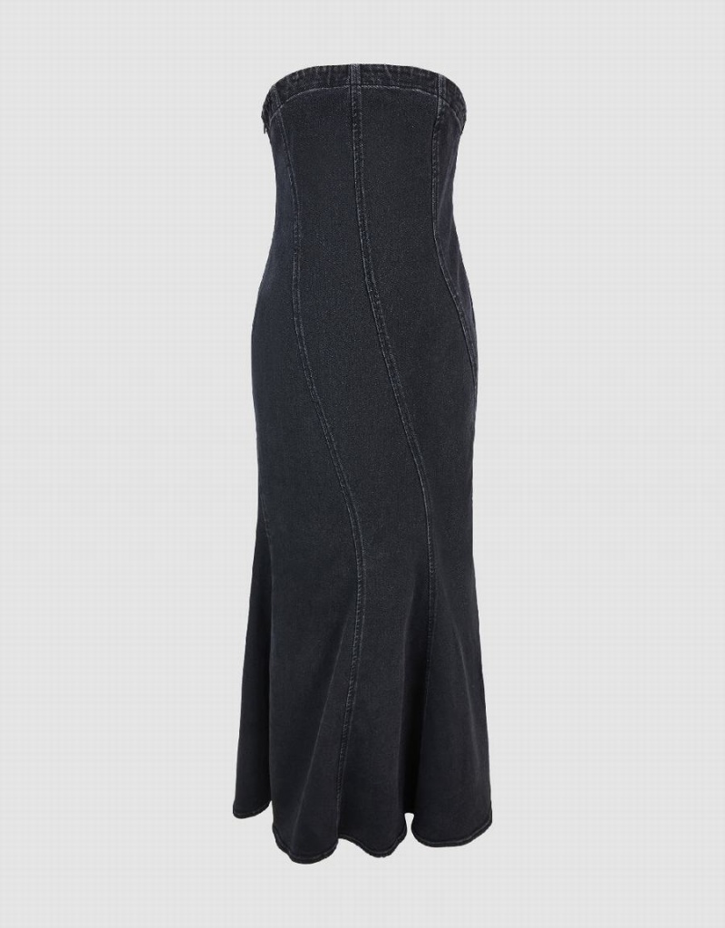 Women's Urban Revivo Sleeveless Off-Shoulder Denim Dress Black | UQO1796DA