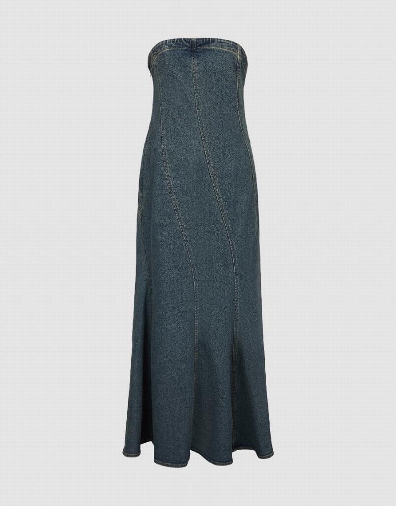 Women's Urban Revivo Sleeveless Off-Shoulder Denim Dress Blue | UKU879IX