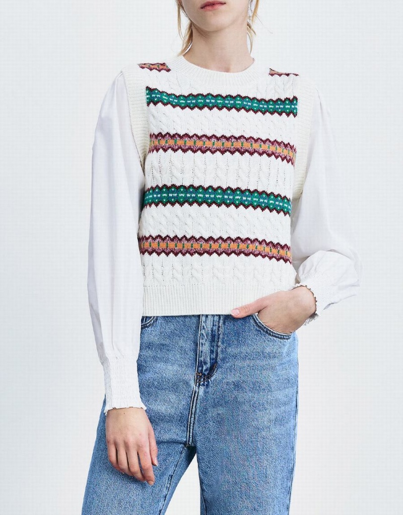 Women's Urban Revivo Spliced Striped Knitted Top Cardigan White | KVJ3112RN