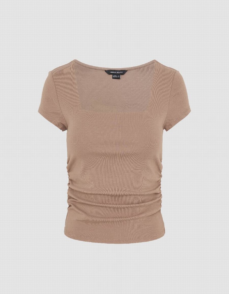 Women's Urban Revivo Square-Cut Collar Skinny Knitted T Shirts Khaki Brown | KLW4674IH