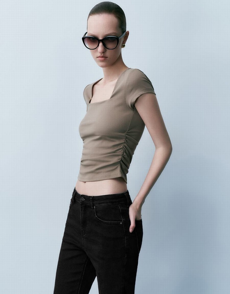 Women's Urban Revivo Square-Cut Collar Skinny Knitted T Shirts Khaki Brown | KLW4674IH