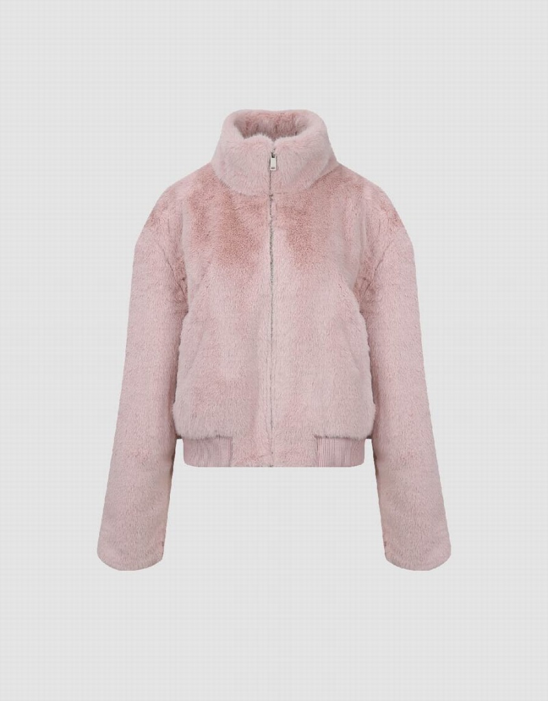 Women's Urban Revivo Stand Collar Straight Furry Coats Pink | WST7728YY