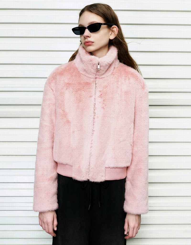 Women\'s Urban Revivo Stand Collar Straight Furry Coats Pink | WST7728YY