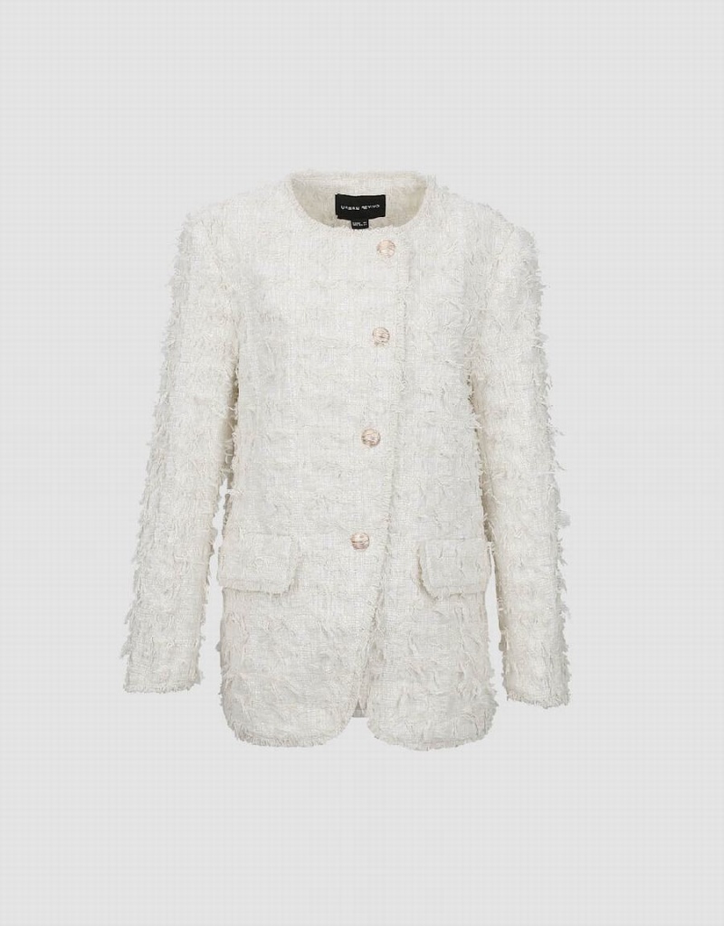 Women's Urban Revivo Standard Sleeve Fuzzy Jackets White | MLY6082EQ