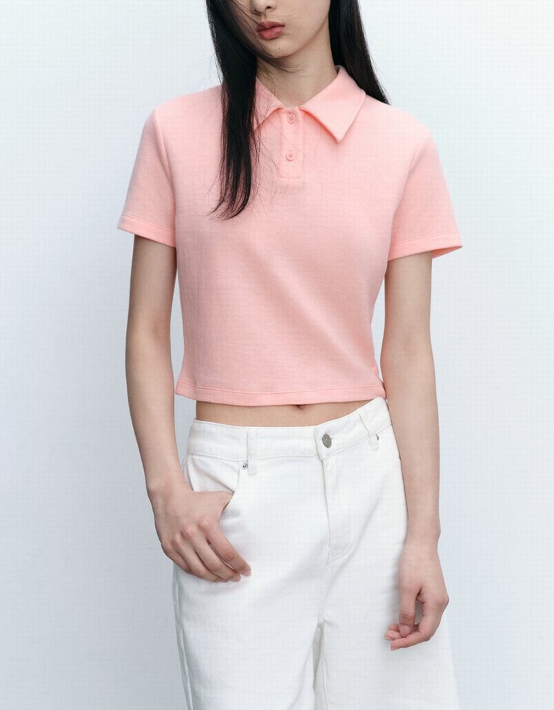 Women's Urban Revivo Standard Sleeve Straight Polo Shirts Pink | XQI9020TS