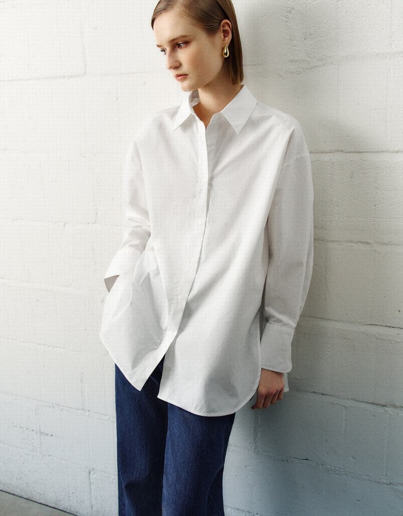 Women's Urban Revivo Straight Loose Shirts White | JQN754YN