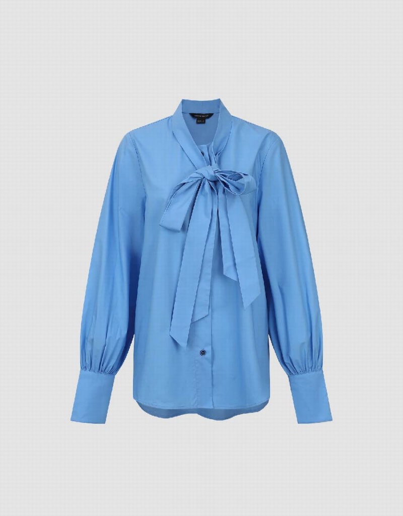 Women's Urban Revivo Striaght Loose With Tie Shirts Blue | NRU6760UB