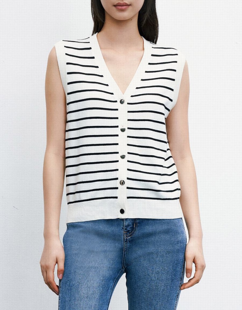 Women's Urban Revivo Striped Button Front Tank Top White | EBU4361VE