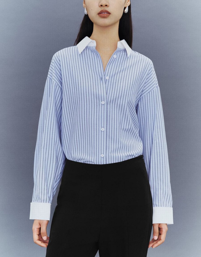 Women's Urban Revivo Striped Button Up Lapel Shirts Blue | ZVT4157IO