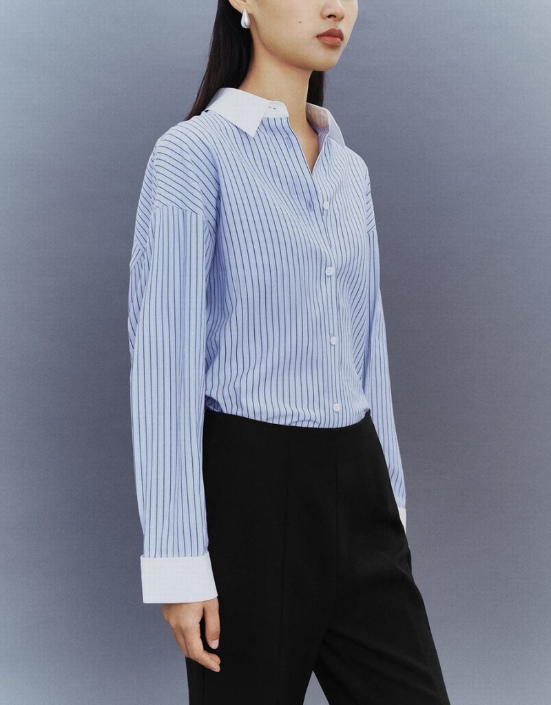 Women's Urban Revivo Striped Button Up Lapel Shirts Blue | ZVT4157IO