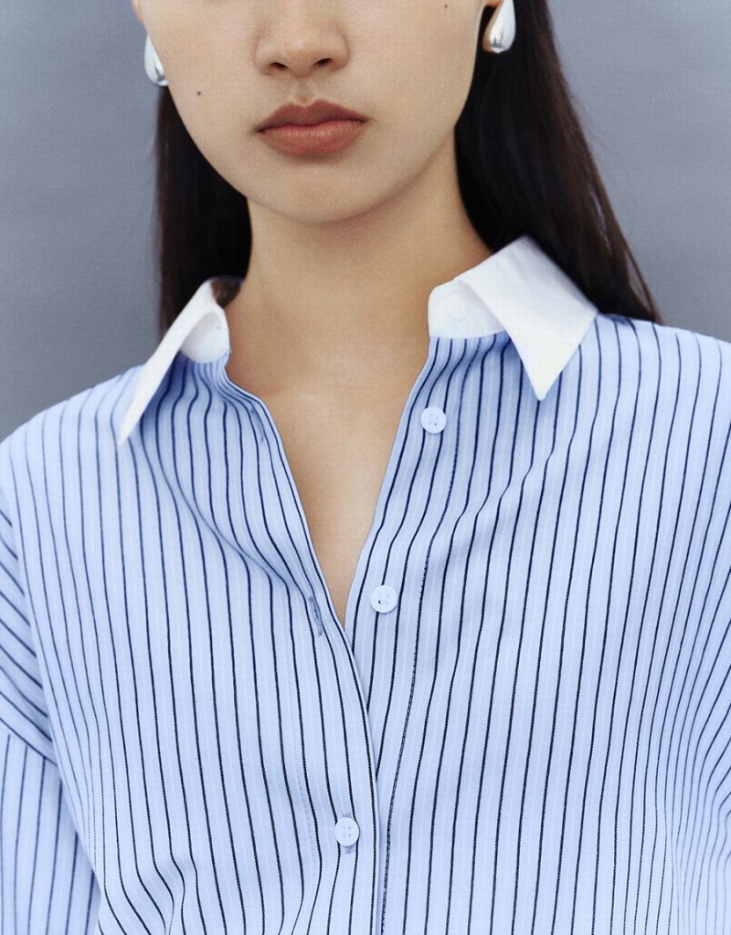 Women's Urban Revivo Striped Button Up Lapel Shirts Blue | ZVT4157IO