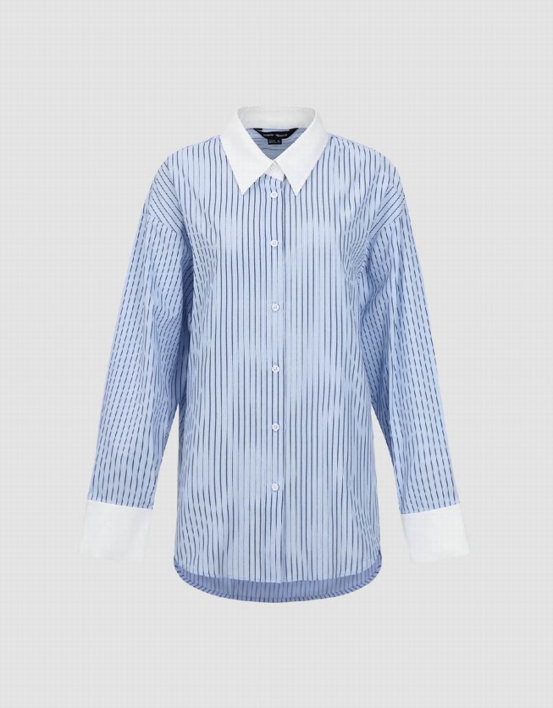 Women\'s Urban Revivo Striped Button Up Lapel Shirts Blue | ZVT4157IO