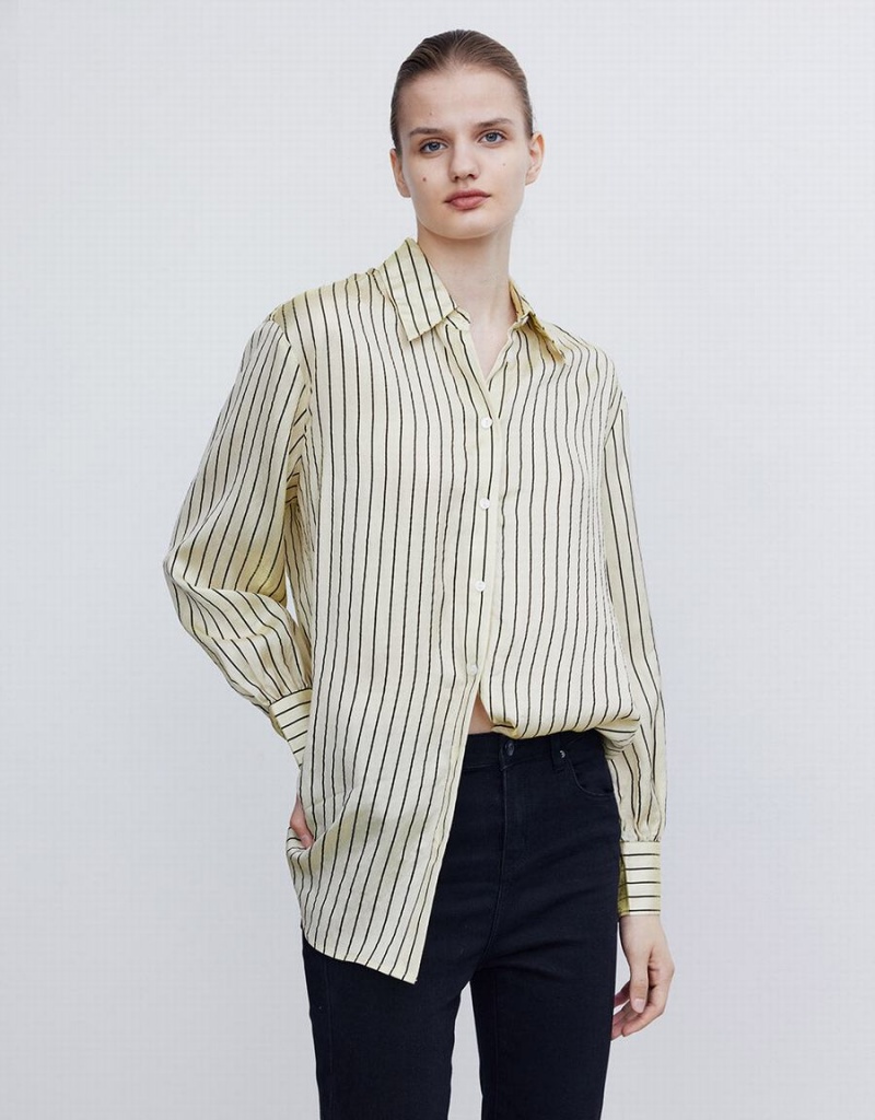 Women's Urban Revivo Striped Button Up Shirts Yellow | ANC7124EF