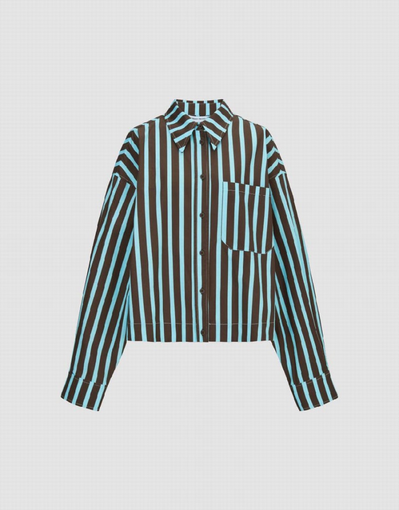 Women's Urban Revivo Striped Button Up Shirts Blue | LCJ5173NT