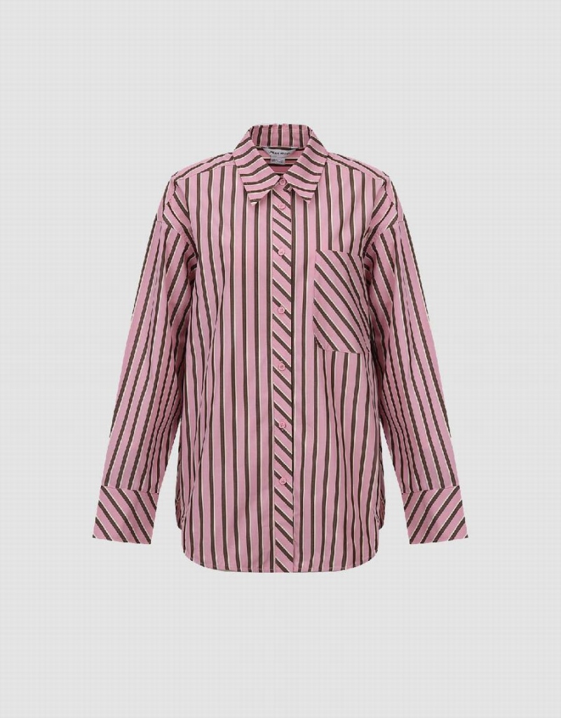 Women's Urban Revivo Striped Button Up Shirts Pink | KFY1788EO