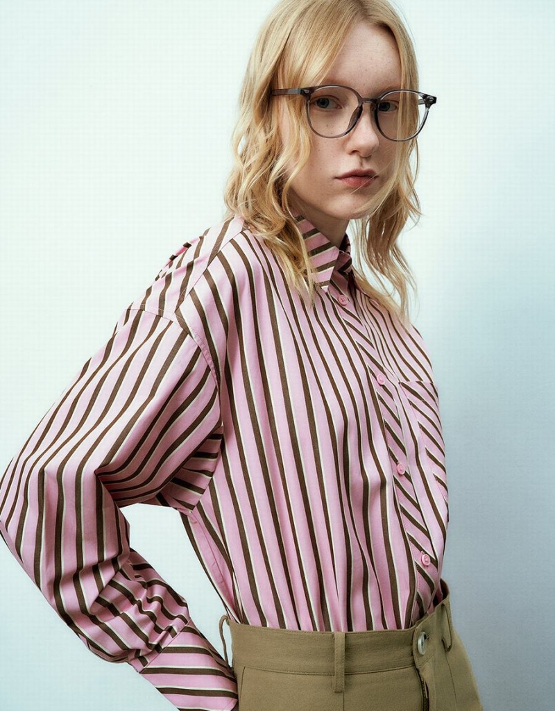 Women's Urban Revivo Striped Button Up Shirts Pink | KFY1788EO