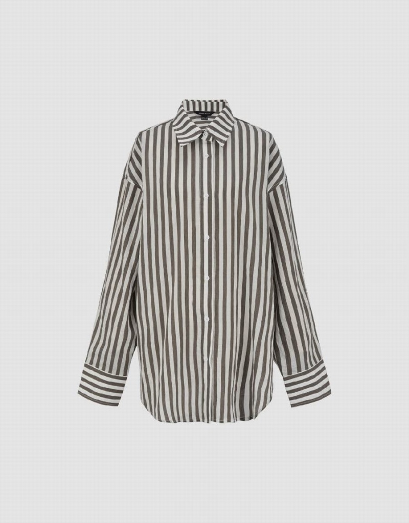 Women's Urban Revivo Striped Button Up Straight Shirts Brown | WLH2285XQ