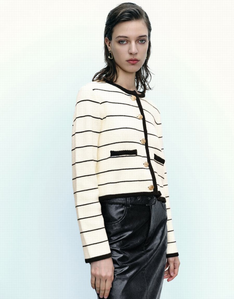 Women's Urban Revivo Striped Crew Neck Knitted With Fake Pockets Cardigan Black | STP7811JJ