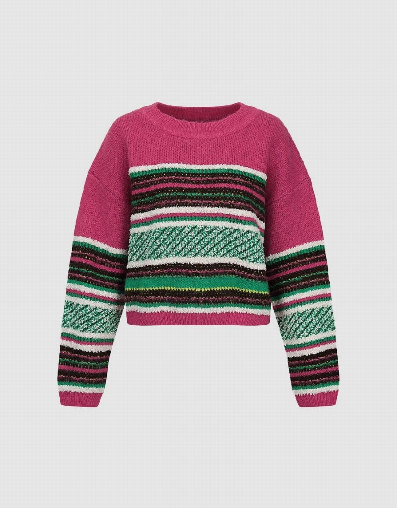 Women's Urban Revivo Striped Crew Neck Sweaters Pink Green | IES2937UN