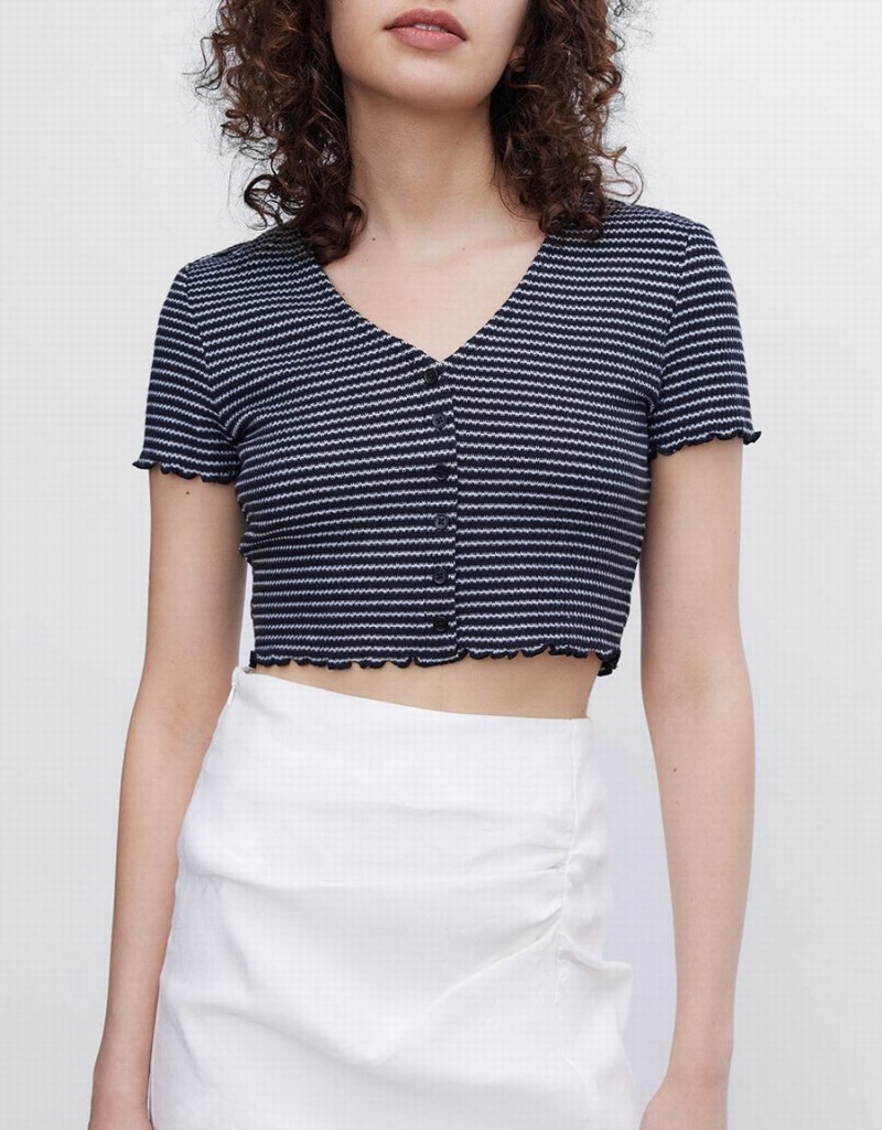 Women's Urban Revivo Striped Crop T Shirts Grey | TZY278EJ