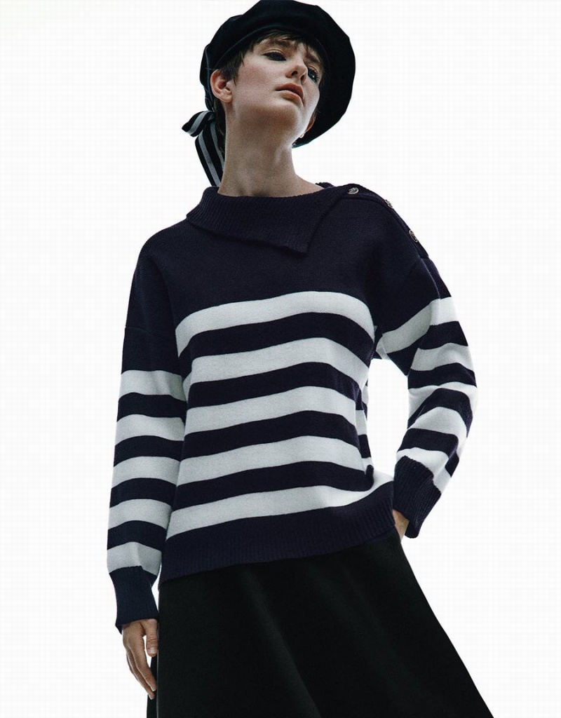 Women\'s Urban Revivo Striped Knitted Cardigan Blue | AUE1772FN