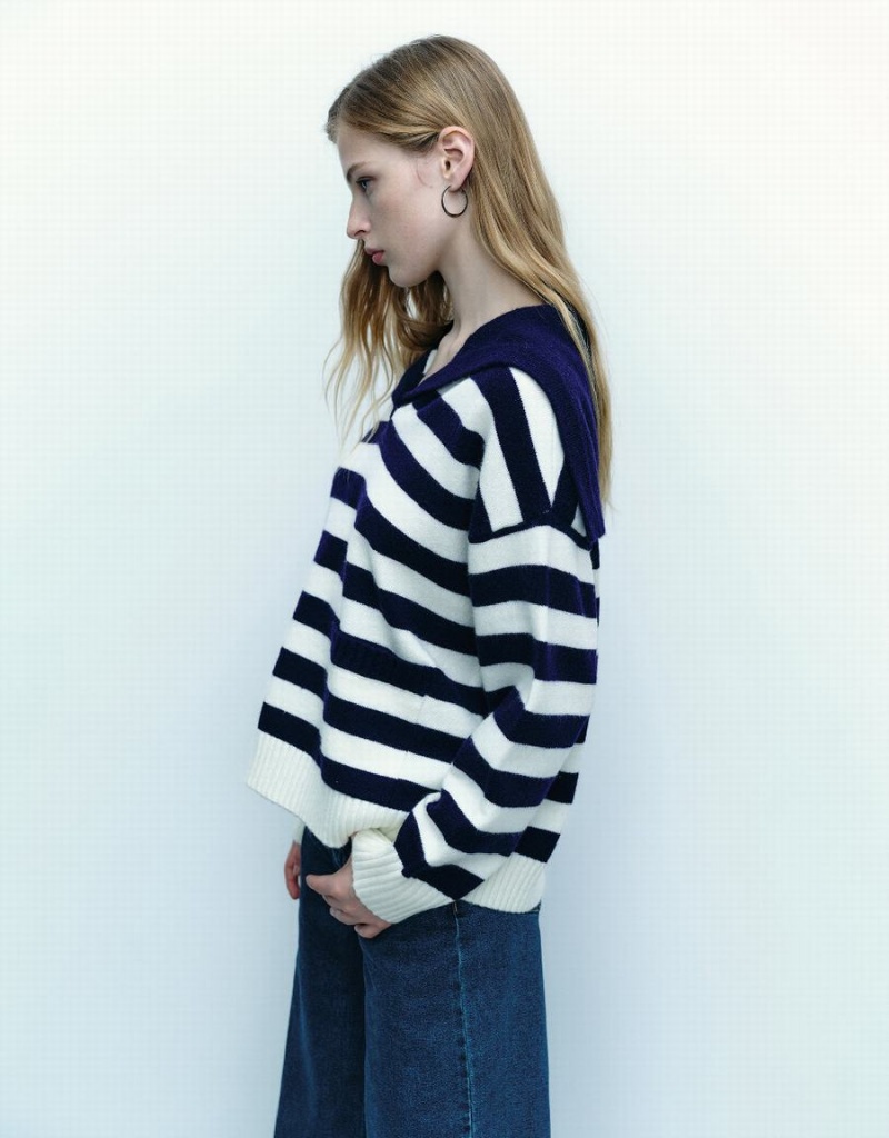 Women's Urban Revivo Striped Lapel Knitted Cardigan Blue | KUV10016DC