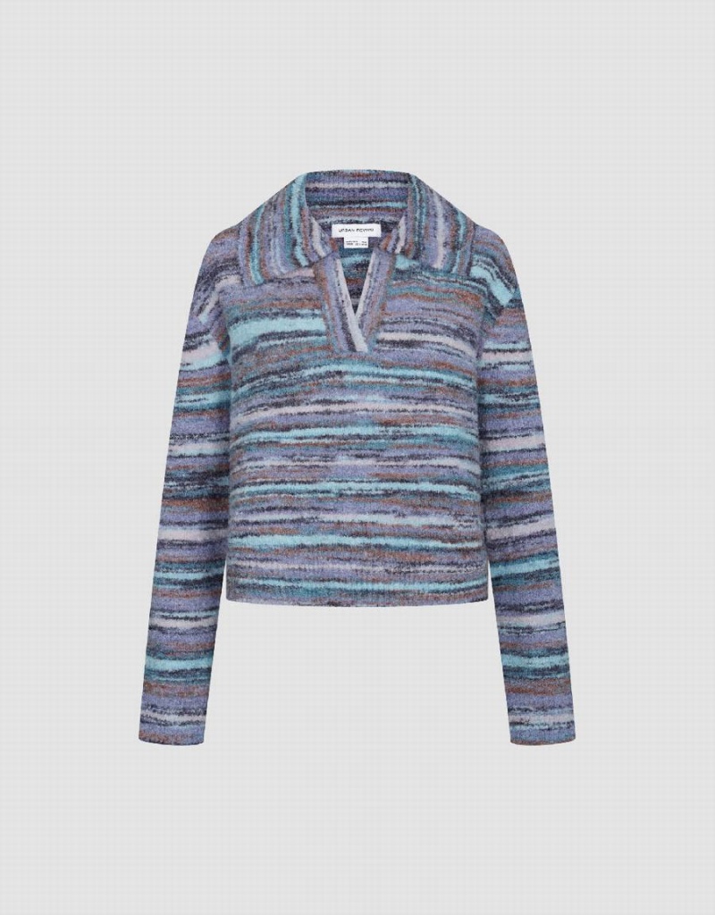 Women's Urban Revivo Striped Lapel Knitted Cardigan Blue | KYB8581SI