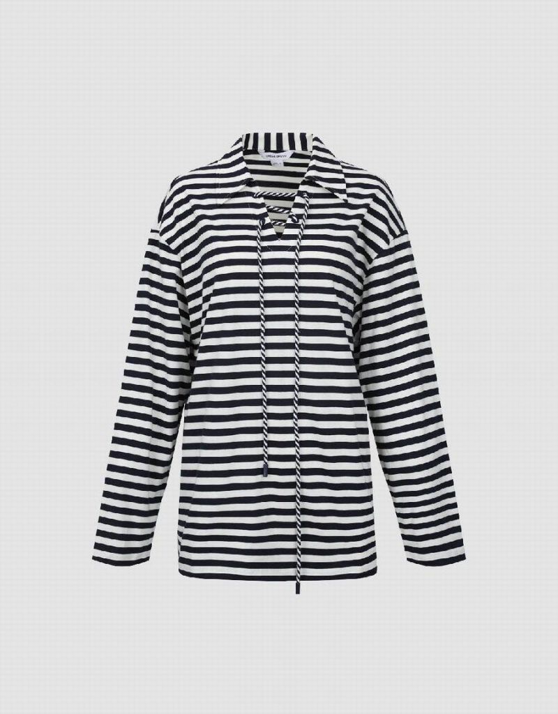 Women's Urban Revivo Striped Lapel Loose T Shirts Blue | FZA5778KT