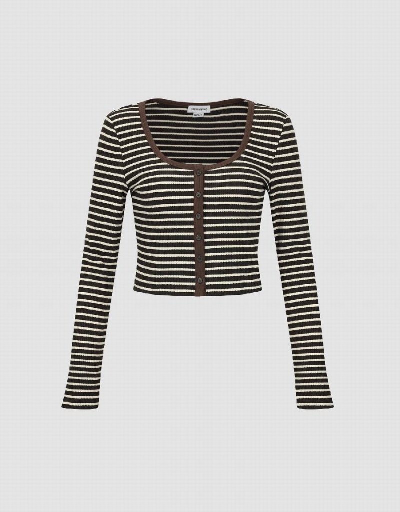 Women's Urban Revivo Striped U Neck Skinny T Shirts Khaki | DEH8714JT