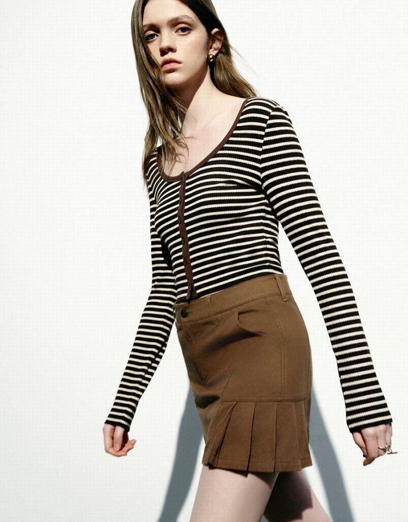 Women's Urban Revivo Striped U Neck Skinny T Shirts Khaki | DEH8714JT