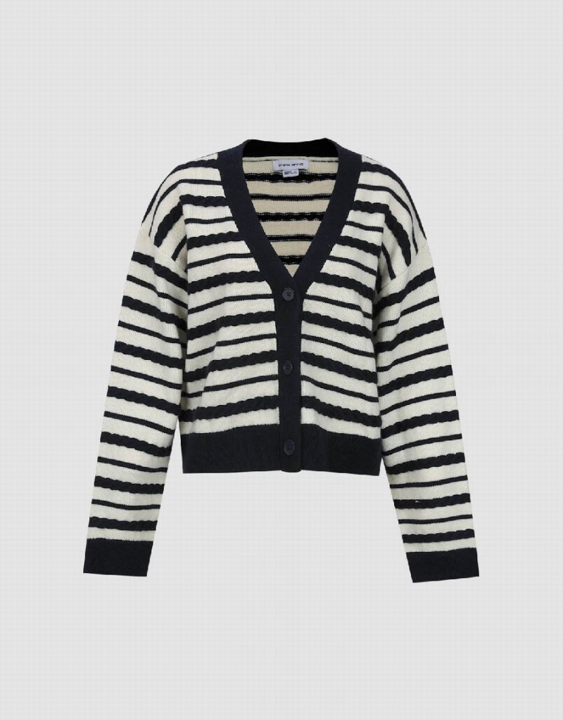 Women's Urban Revivo Striped V-Neck Knitted Cardigan Blue | VHJ6793VX