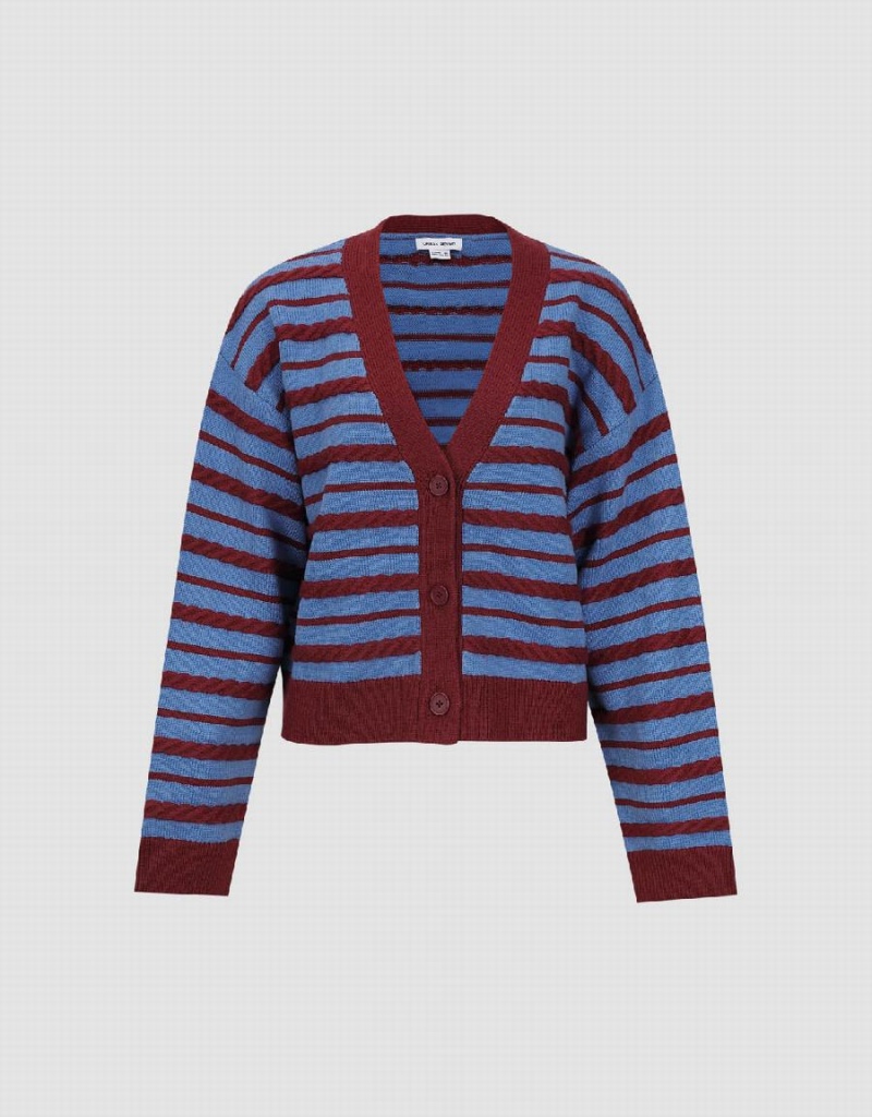 Women's Urban Revivo Striped V-Neck Knitted Cardigan Red | DRB3346LV