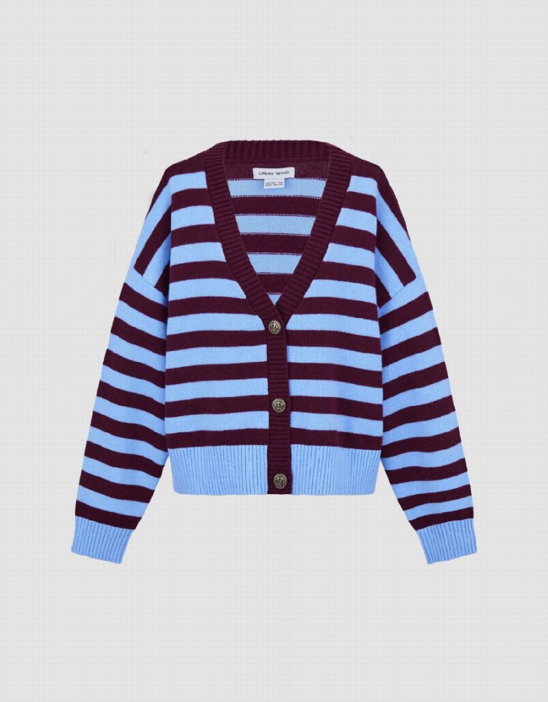 Women's Urban Revivo Striped V-Neck Knitted Cardigan Red | PTQ3178TN