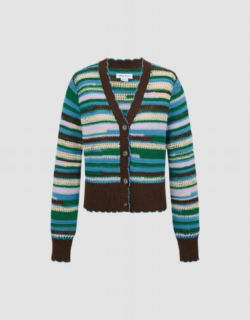 Women's Urban Revivo Striped V-Neck Knitted Cardigan Blue Multicolor | ZOL4299OL