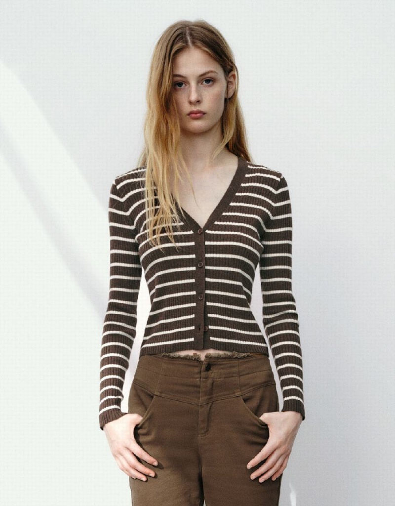 Women\'s Urban Revivo Striped V-Neck Knitted Cardigan Dark Brown | NEN3661EO