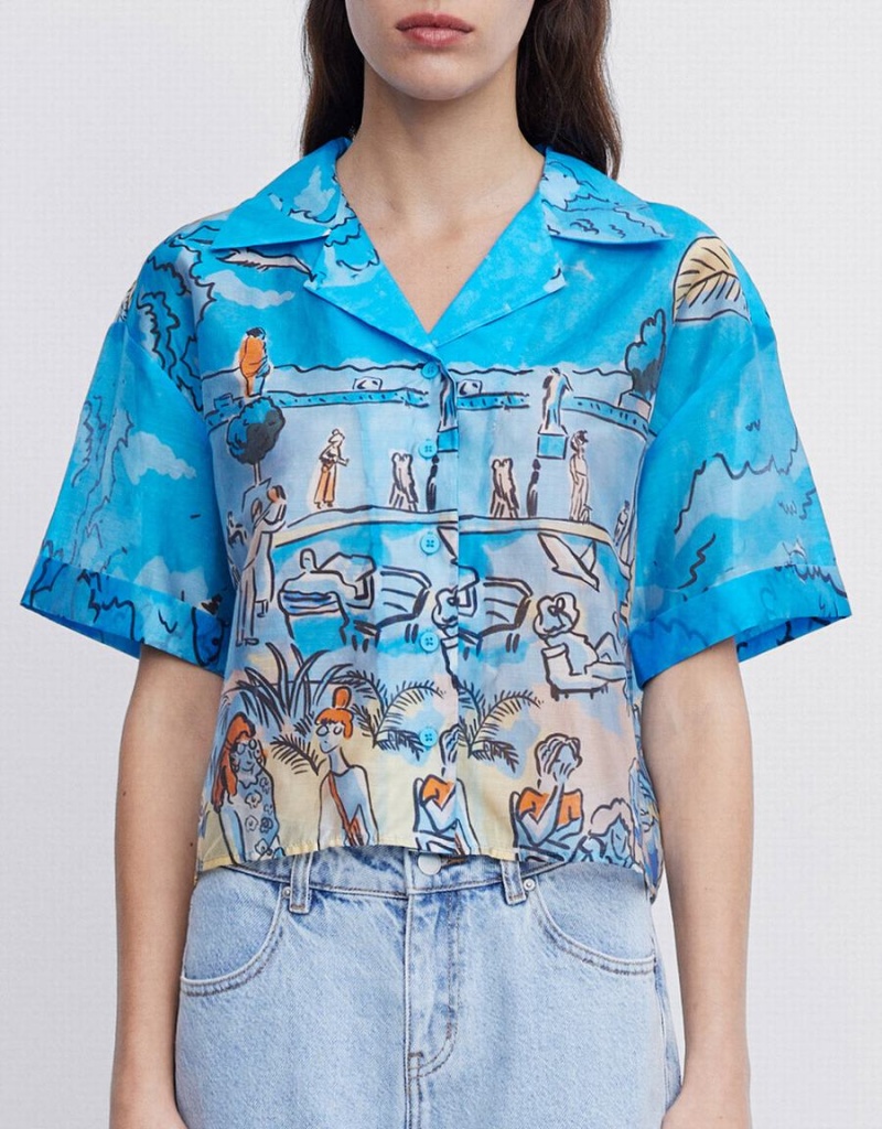 Women's Urban Revivo Summer Landscape Shirts Blue | WZE8124VE