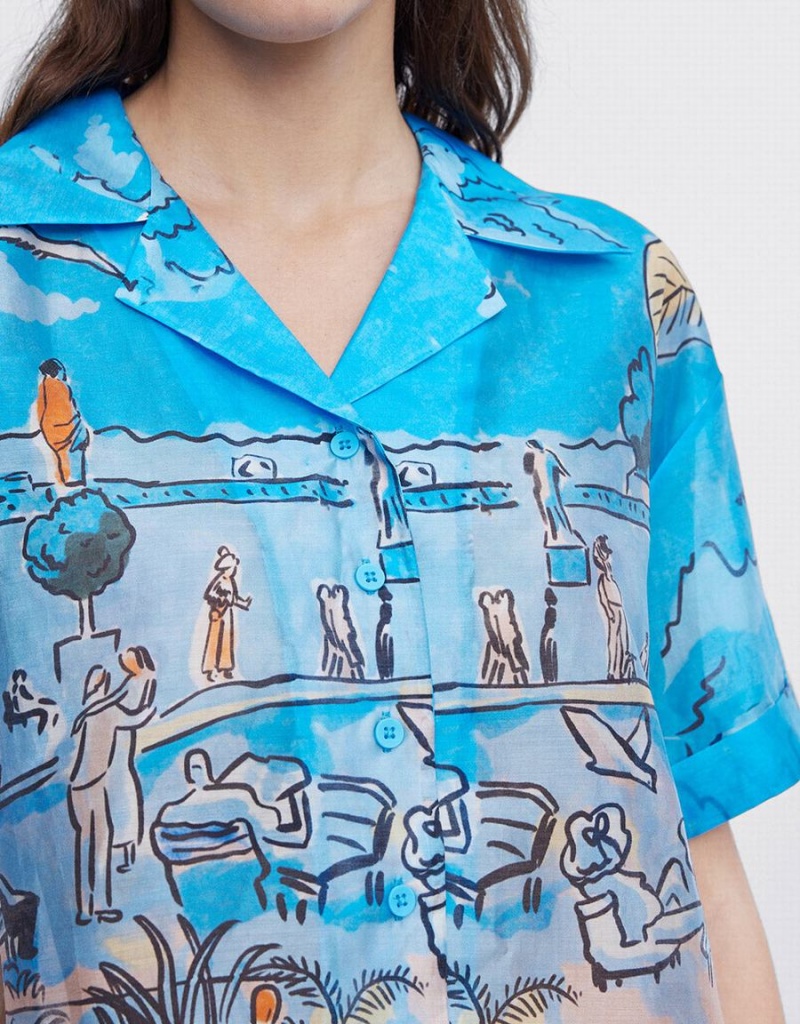 Women's Urban Revivo Summer Landscape Shirts Blue | WZE8124VE