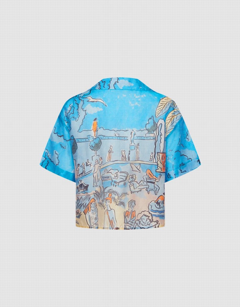 Women's Urban Revivo Summer Landscape Shirts Blue | WZE8124VE