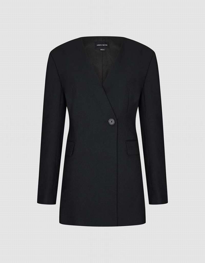 Women's Urban Revivo Surplice Front Tailored Blazers Black | ZBW8596IB