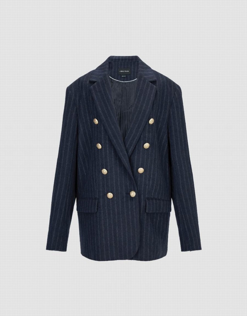 Women's Urban Revivo Tailored Striped Notch Lapel Blazers Blue | KHE863WR