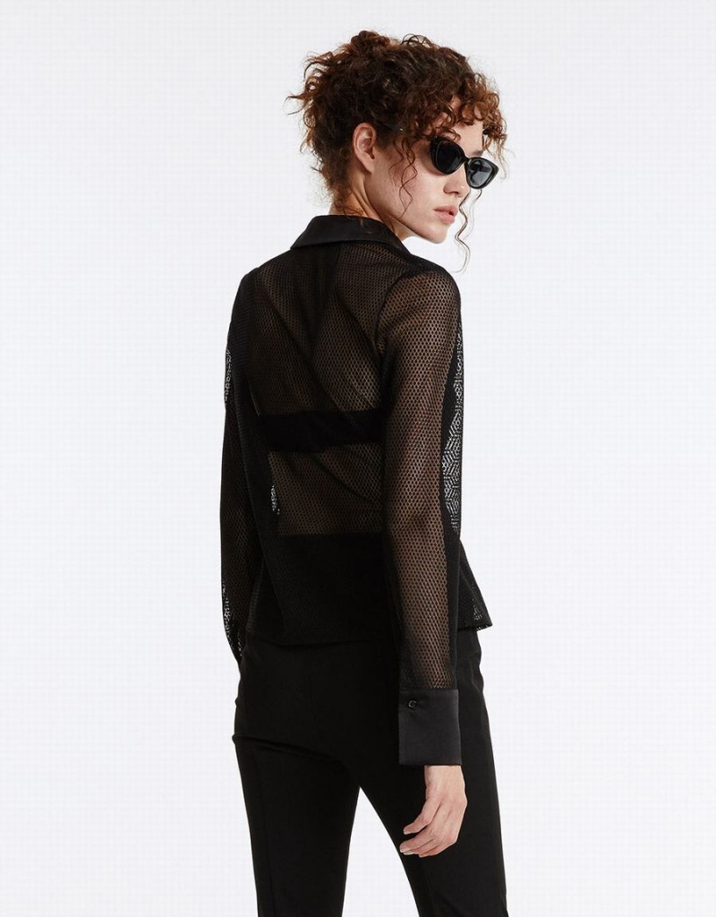 Women's Urban Revivo Textured Button Up Shirts Black | FJU1588SB