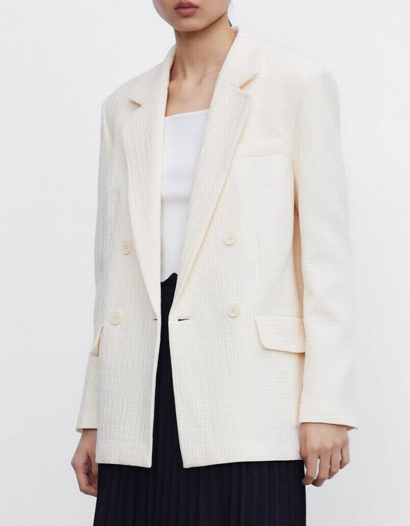 Women's Urban Revivo Textured Double Breasted Blazers White | WSB9029ZC