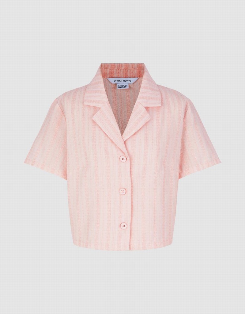 Women's Urban Revivo Textured Lapel Shirts Pink | COH161AM