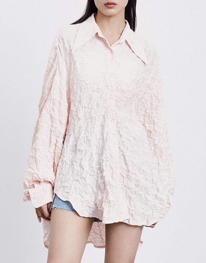 Women's Urban Revivo Textured Long Sleeve Shirts Pink | VHE6264PG