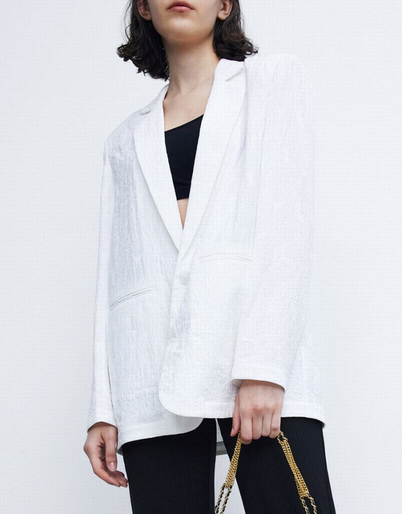 Women's Urban Revivo Textured Single Breasted Blazers White | NVS2312PQ