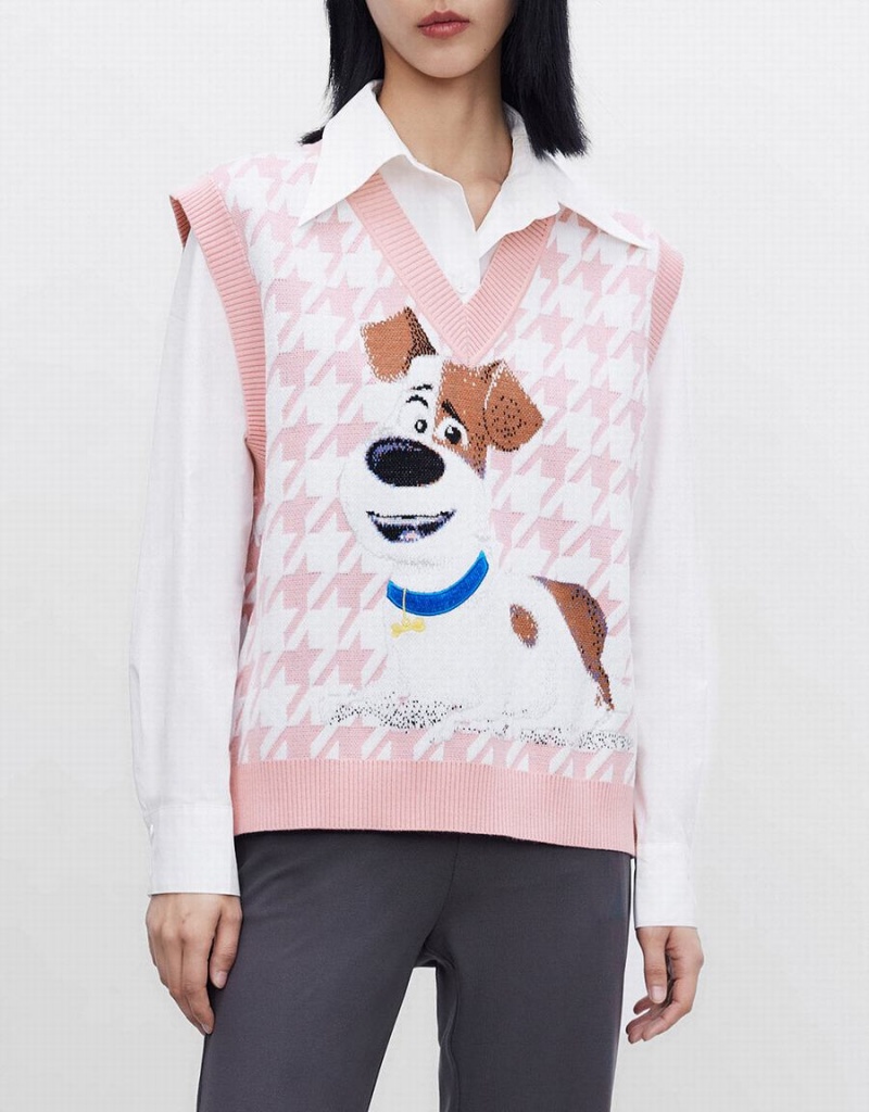 Women's Urban Revivo The Secret Life Of Pets Houndstooth Tank Top Pink | VMJ8839AM